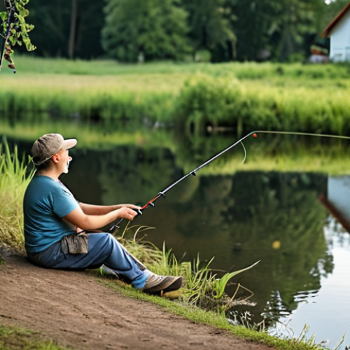 Home 6 ** A beginner-friendly fishing scene: A person holding a light spinning rod (6-7 feet) next to a calm village pond. Show a tackle box, bait (worms), and a float nearby. Focus on a peaceful, rural atmosphere.
**