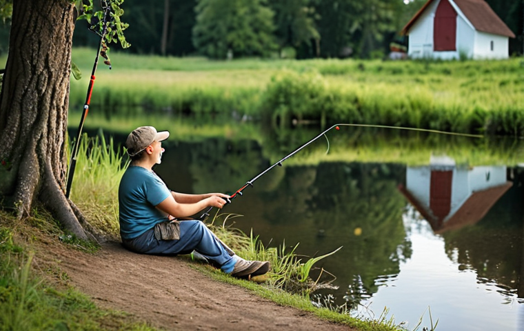 ** A beginner-friendly fishing scene: A person holding a light spinning rod (6-7 feet) next to a calm village pond. Show a tackle box, bait (worms), and a float nearby. Focus on a peaceful, rural atmosphere.
**