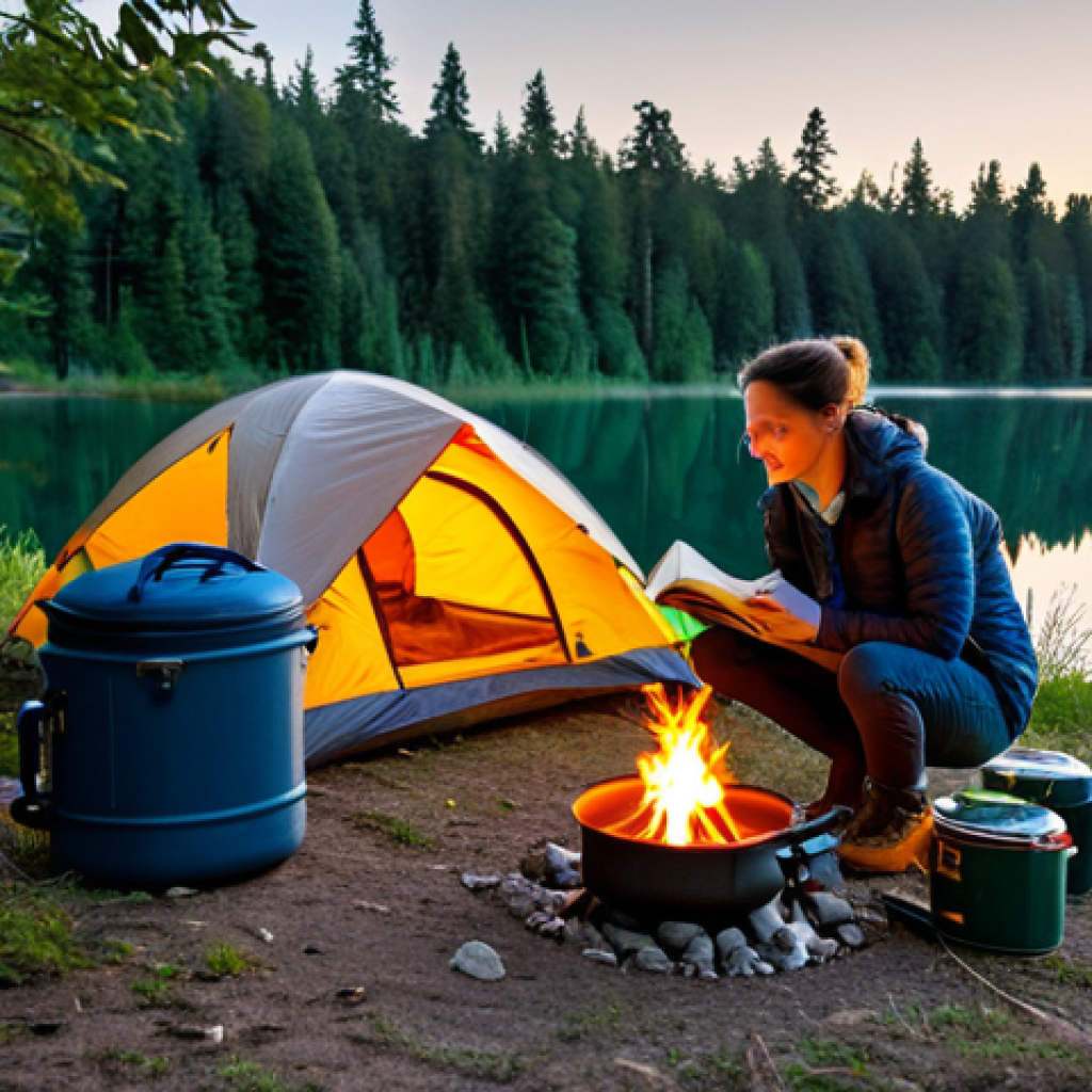 Budget-Friendly Campsite Setup**
A serene campsite scene at sunset. A small, practical tent is pitched near a calm lake, surrounded by trees. A person is comfortably seated on a folding chair, reading a book. A simple camping stove sits on a small table next to them, with a pot of boiling water. Focus on the cozy and accessible nature of budget camping. fully clothed, appropriate attire, safe for work, perfect anatomy, natural proportions, family-friendly.
**
