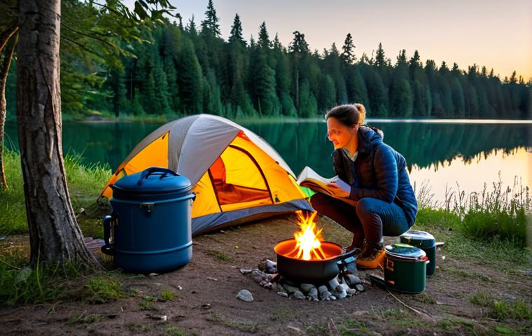 Budget-Friendly Campsite Setup**
A serene campsite scene at sunset. A small, practical tent is pitched near a calm lake, surrounded by trees. A person is comfortably seated on a folding chair, reading a book. A simple camping stove sits on a small table next to them, with a pot of boiling water. Focus on the cozy and accessible nature of budget camping. fully clothed, appropriate attire, safe for work, perfect anatomy, natural proportions, family-friendly.
**