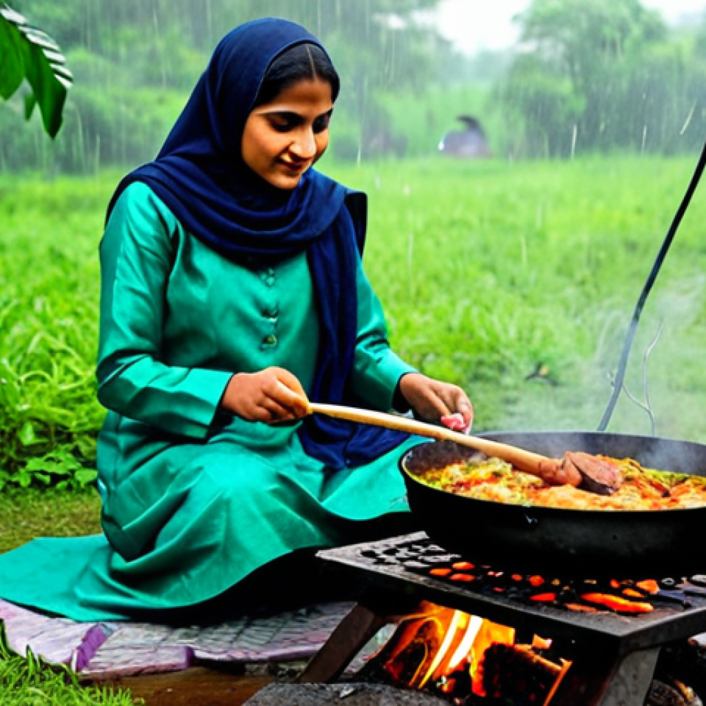 아웃도어 요리 레시피 - "A family-friendly scene of a fully clothed woman in a modest salwar kameez cooking spiced fish over...