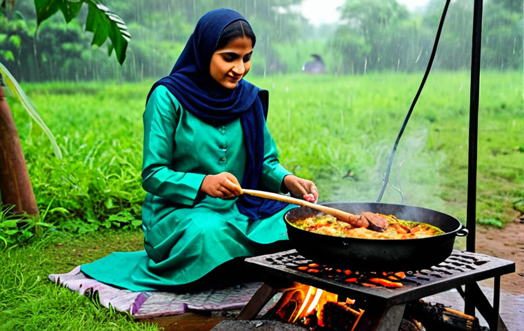 아웃도어 요리 레시피 - "A family-friendly scene of a fully clothed woman in a modest salwar kameez cooking spiced fish over...