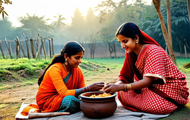 아웃도어 요리 레시피 - "A family-friendly scene of a fully clothed woman in a modest salwar kameez cooking spiced fish over... 아웃도어 요리 레시피 - "A family-friendly scene of a fully clothed woman in a modest salwar kameez cooking spiced fish over...