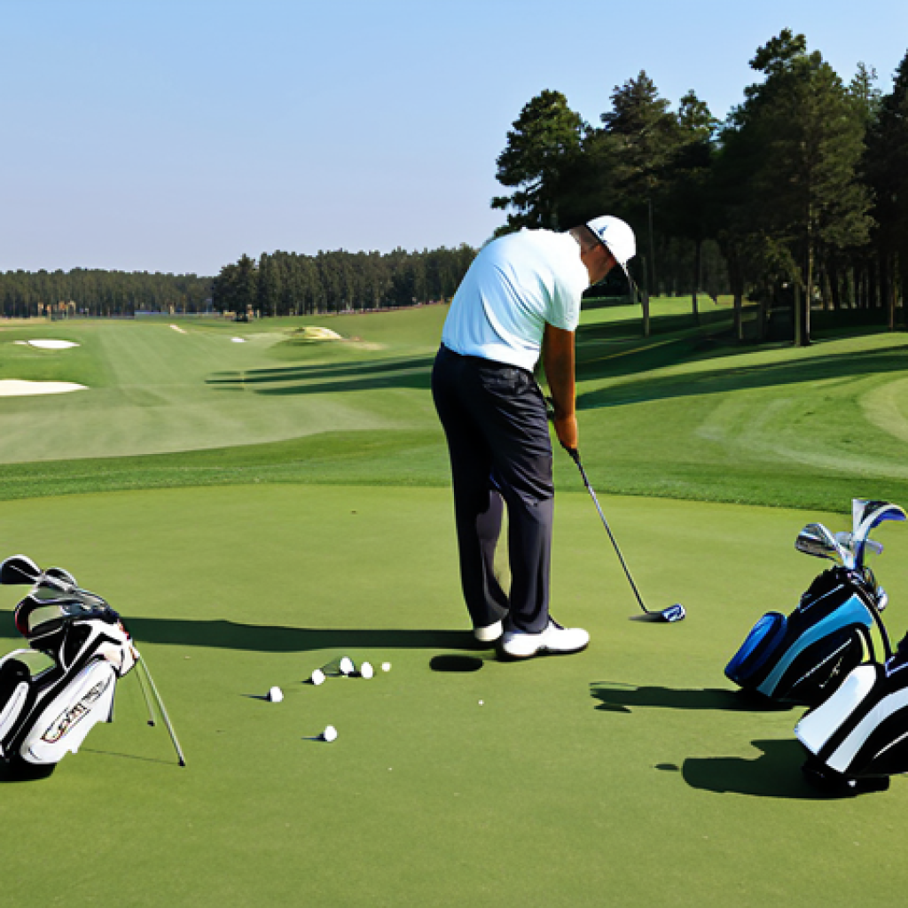 골프 초보자를 위한 장비 가이드 - **Image Prompt:** "A scenic golf course view, focusing on a set of modern golf clubs (driver, irons)...