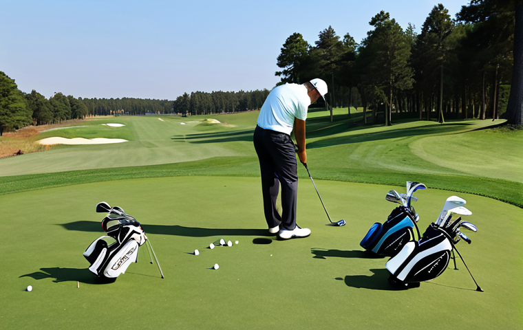 골프 초보자를 위한 장비 가이드 - **Image Prompt:** "A scenic golf course view, focusing on a set of modern golf clubs (driver, irons)...