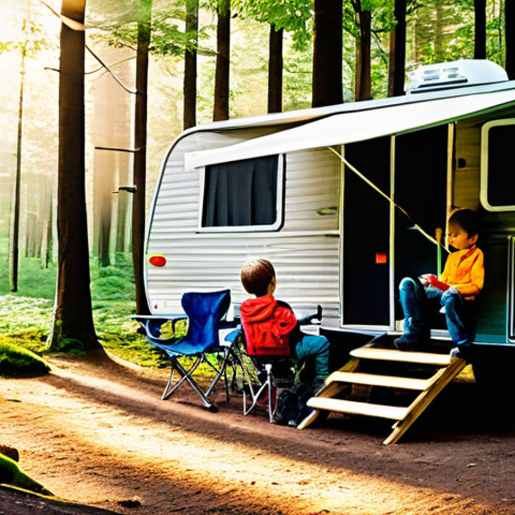 트레일러 캠핑 가이드 - **Prompt 1: Cozy Morning in a Forest Campsite**
A family of four (two adults, two children aged ...