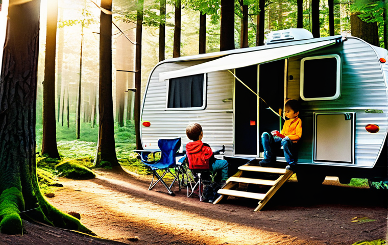 트레일러 캠핑 가이드 - **Prompt 1: Cozy Morning in a Forest Campsite**
A family of four (two adults, two children aged ...