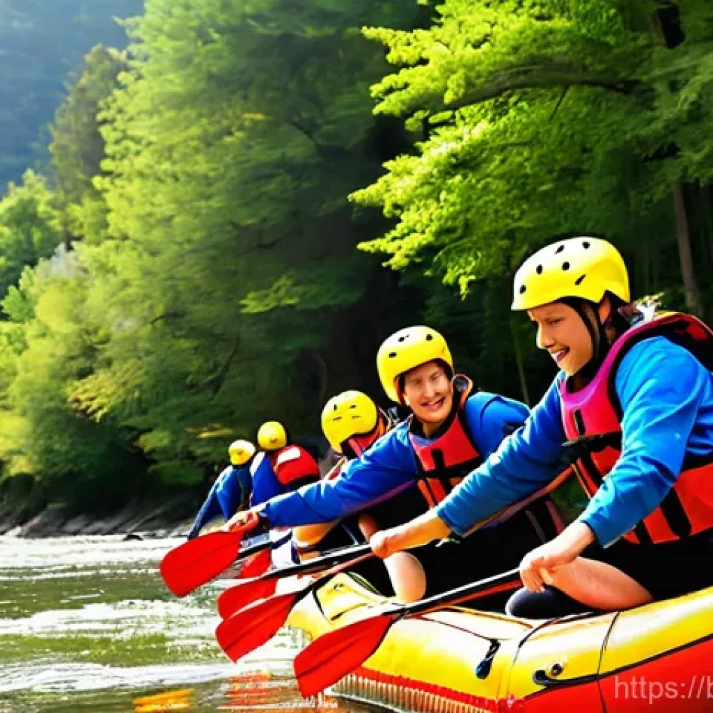 래프팅 안전 수칙 - **Prompt 1: Pre-Rafting Preparation & Gearing Up**
"A vibrant, high-energy scene at a river raft...