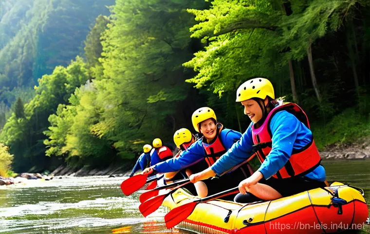 래프팅 안전 수칙 - **Prompt 1: Pre-Rafting Preparation & Gearing Up**
"A vibrant, high-energy scene at a river raft...