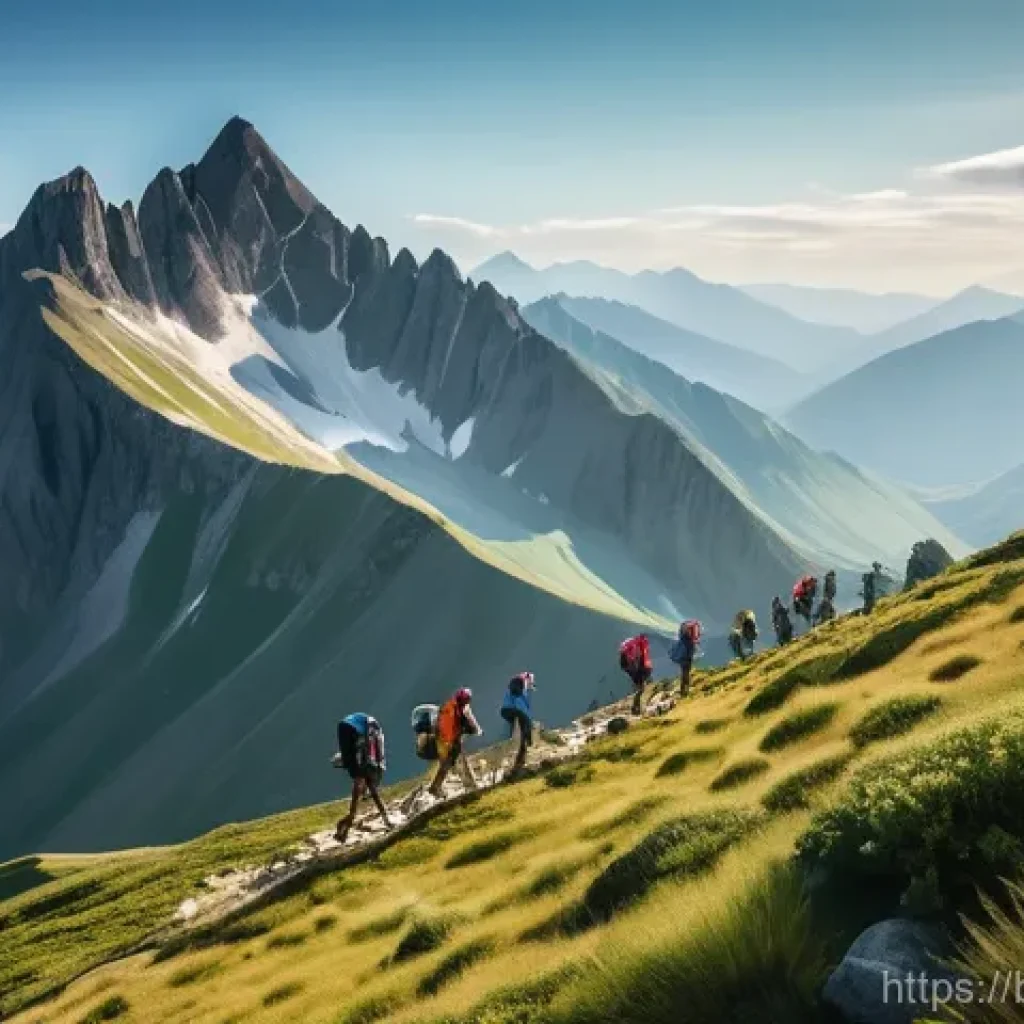 해외 유명 레저 스포츠 여행지 - **Prompt: "A breathtaking wide shot of a group of diverse hikers ascending a winding trail on a vibr...