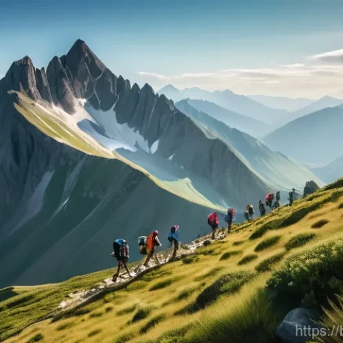 Home 28 해외 유명 레저 스포츠 여행지 - **Prompt: "A breathtaking wide shot of a group of diverse hikers ascending a winding trail on a vibr...