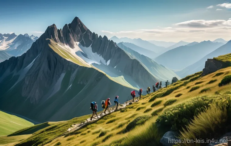 해외 유명 레저 스포츠 여행지 - **Prompt: "A breathtaking wide shot of a group of diverse hikers ascending a winding trail on a vibr...