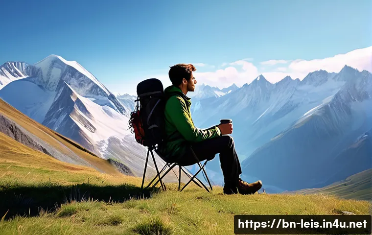 캠핑용 의자 추천 - **Prompt 1: Ultra-Lightweight Chair Adventure**
A solo male or female hiker, in their late 20s t...