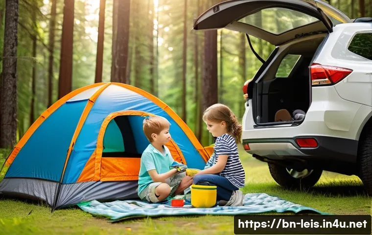 오토캠핑 준비 가이드 - **"A family of three (a mother, a father, and their toddler, who is dressed in play clothes over a c...