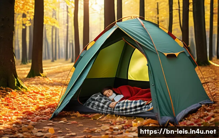 초보자를 위한 캠핑 준비물 - **Prompt:** "A serene and inviting four-season camping tent pitched in a picturesque autumn forest. ...
